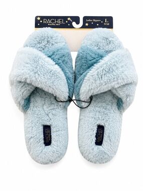 Rachel Roy Plush Crisscross Open Toe Slippers Two-Tone Blue L 9-10 NWT